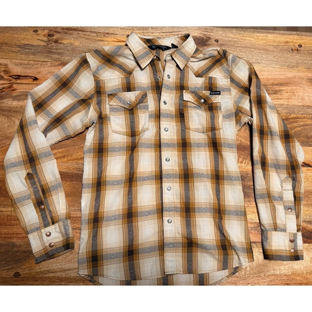 Volcom Men's Plaid Cotton Button-Up Shirt Brown Beige Gray Long Sleeve Size S